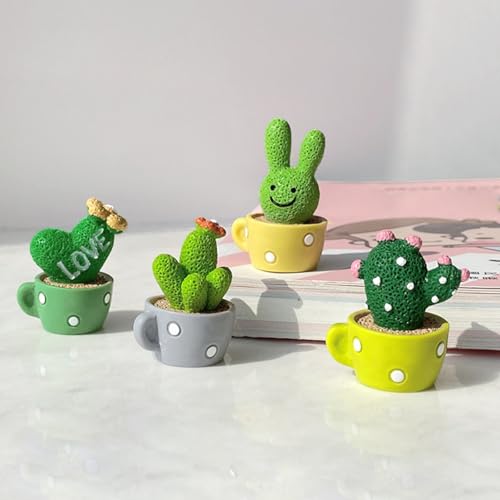 4 PCS Mini Shaking Head Cactus Potted Car Ornaments for Women Spring Dashboard Decor for Car Monitor Kraft Paper Box Packaging - color: Green