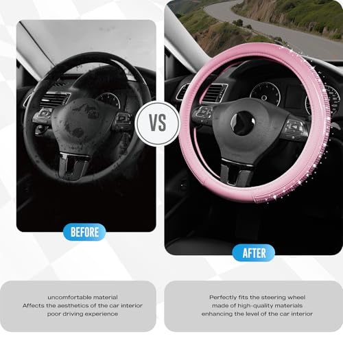 Road Comforts Bling Steering Wheel Cover – Pink Diamond Design, Universal Fit 14.5-15 Inch, Microfiber Leather, Anti-Slip & Breathable Design for Men and Women - color: Pink & Pink