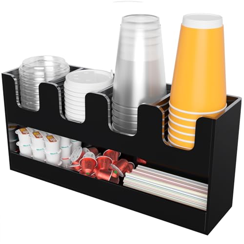 Beego 5-Compartment Cup Holder for Countertop - 2-Tier Black Acrylic Cup Dispenser Coffee Station Paper Cup and Lid Organizer Condiment Storage for Restaurant Breakroom Kitchen Bar Accessories - color: Black, size: 5 Compartments