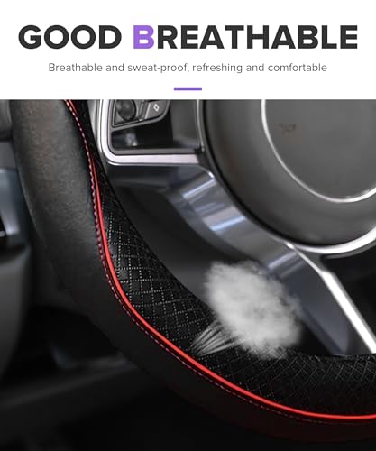 Steering Wheel Cover,Car Accessories,Microfiber Leather Car Steering Wheel Covers,Universal 15 Inch Anti-Slip Breathable Auto Interior Decor Protector,Suitable for Most Cars (Black&Red)