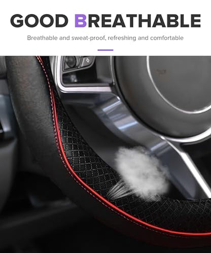 Steering Wheel Cover,Car Accessories,Microfiber Leather Car Steering Wheel Covers,Universal 15 Inch Anti-Slip Breathable Auto Interior Decor Protector,Suitable for Most Cars (Black&Red)