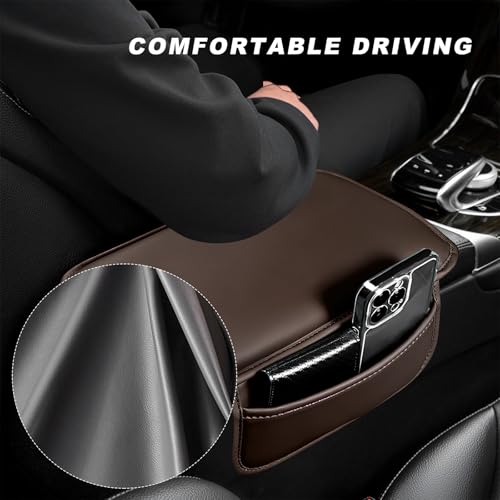 Car Center Console Cover, Comfortable Leather Auto Arm Rest Pad with 2 Storage Bags, Universal Waterproof Armrest Cushion Mat Middle Console Cover for Most Vehicles (Brown)