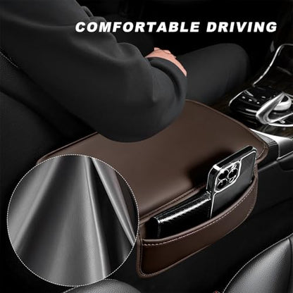 Car Center Console Cover, Comfortable Leather Auto Arm Rest Pad with 2 Storage Bags, Universal Waterproof Armrest Cushion Mat Middle Console Cover for Most Vehicles (Brown)
