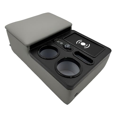 Car Armrest Box with Cup & Phone Holders, USB Port, Truck Center Console Organizer or Bench Seat Console (Gray)