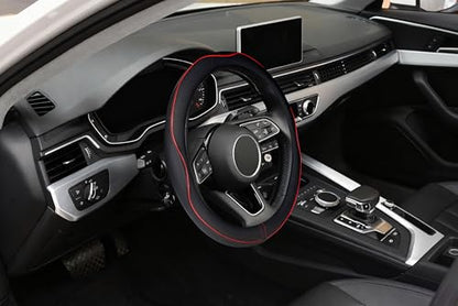 LABBYWAY Microfiber Leather Steering Wheel Cover, Universal 14.5-15 Inch,Anti Slip,Heavy Duty, Thick,Soft,Breathable Car Interior Accessories for Men Women (Black with Red line) - color: Black with Red Line