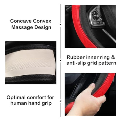 Concave Convex Massage Black Red Microfiber Leather Steering Wheel Cover, 14.5-15 Inch Non-Slip Breathable Microfiber Car Steering Wheel Protector - color: Embossed Massage - Black Red