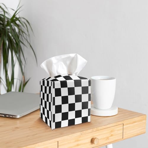 Tissue Box Cover Holder - Black and White Checkerboard PU Leather Tissue Box Cover with Bottom Belt, Square Facial Paper Organizer for Tabletop, Bathroom, Kitchen, Car & Office -049 - color: Black and White Checkerboard