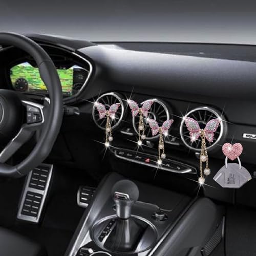 Pink Butterfly Air Vent Clips, 4 Pcs Bling Butterfly Air Fresheners Vents Clips Diamond Car Interior Decor Bling Cute Car Accessories Decoration for Women+ Heart Mask Hook