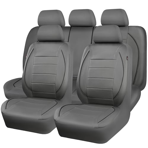 CAR PASS Piping Faux Leather Car Seat Cover Full Set,Grey Breathable Leather Seat Covers for Cars, Airbag Compatible,Universal Fit for SUVs,Van,Sedans,Small Trucks (Full Set, All Gray) - color: Grey with charcoal stripes