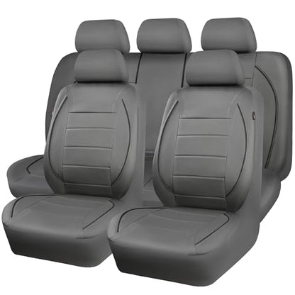CAR PASS Piping Faux Leather Car Seat Cover Full Set,Grey Breathable Leather Seat Covers for Cars, Airbag Compatible,Universal Fit for SUVs,Van,Sedans,Small Trucks (Full Set, All Gray) - color: Grey with charcoal stripes