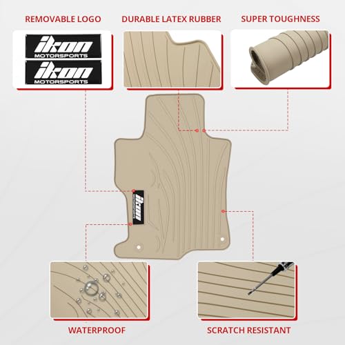 IKON MOTORSPORTS, Floor Mats Compatible with 2008-2012 Honda Accord Sedan 4Door, Latex Rubber Heavy Duty All Weather Season Car Auto Custom Fit Front Rear Carpets Liner 5PC Beige