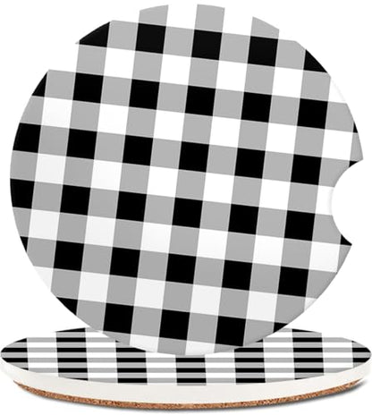 Absorbent Car Coasters 2 Pack for Women/Men,Car Coaster for Drinks,Ceramic Stone Car Cup Holder with A Finger Notch,Black White Check Checkered Plaid - color: Black White Check Checkered Plaid