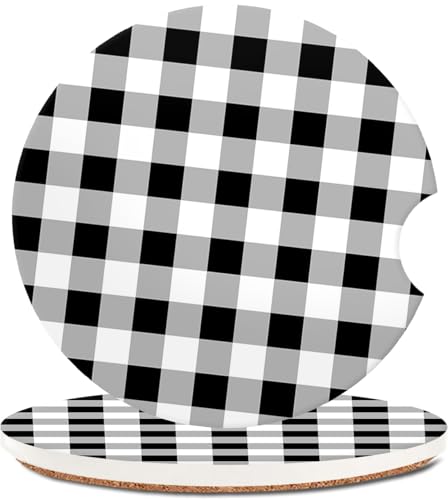 Absorbent Car Coasters 2 Pack for Women/Men,Car Coaster for Drinks,Ceramic Stone Car Cup Holder with A Finger Notch,Black White Check Checkered Plaid - color: Black White Check Checkered Plaid