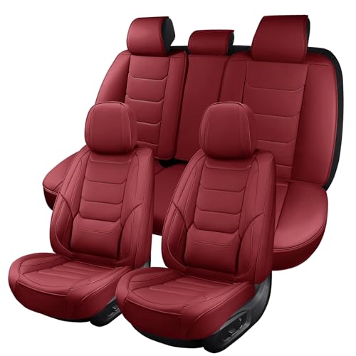 Red Leather Car Seat Covers Full Set Breathable Seat Protectors Waterproof Automotive Seat Covers Universal Fit for Most Cars SUVs Trucks Vehicles - color: RED2, size: Full Set