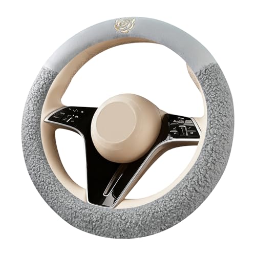 Gray Camellia Lambswool Steering Wheel Cover, for Universal Auto Steering Wheel 14.5-15 in, Lambswool Fabric, Anti-Slip, Soft Plush, Comforting and Luxurious, Embroidery Patterns, Soft Texture - color: Gray
