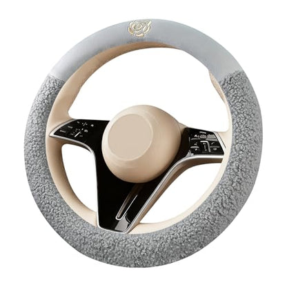 Gray Camellia Lambswool Steering Wheel Cover, for Universal Auto Steering Wheel 14.5-15 in, Lambswool Fabric, Anti-Slip, Soft Plush, Comforting and Luxurious, Embroidery Patterns, Soft Texture - color: Gray