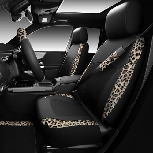 CAR PASS Leopard Print Faux Leather Car Seat Covers & Leopard Car Mats&Leopard Steering Wheel Cover Seat Belt Universal Car Accessories for SUV,Van,Saden,Truck Automobile Interior Sets(Gold Black) - color: Leopard Gold combo