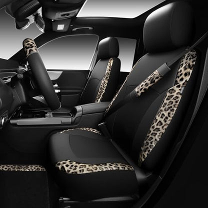 CAR PASS Leopard Print Faux Leather Car Seat Covers & Leopard Car Mats&Leopard Steering Wheel Cover Seat Belt Universal Car Accessories for SUV,Van,Saden,Truck Automobile Interior Sets(Gold Black) - color: Leopard Gold combo