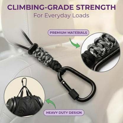 Car Seat Back Hooks 2 Pack - Heavy Duty Rope & Metal Buckle Car Hangers, No Wobble Multi-Purpose Organizer for Grocery Bags, Backpacks, Umbrellas, Trash Bags (Fit Most Vehicles) Black - color: Black