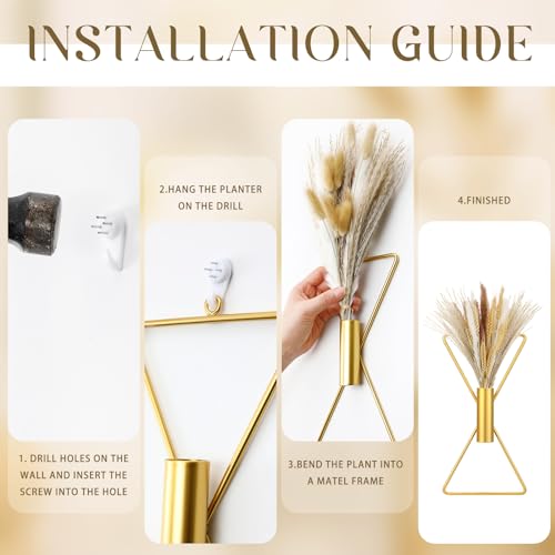 2 Pcs Boho Gold Wall Decor Metal Wall Art X Shaped Hanging Planters with Artificial Pampas Modern Home Gold Bathroom Decor for Bedroom Living Room