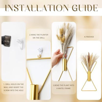 2 Pcs Boho Gold Wall Decor Metal Wall Art X Shaped Hanging Planters with Artificial Pampas Modern Home Gold Bathroom Decor for Bedroom Living Room