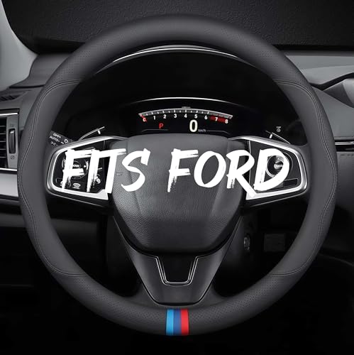 Leather Car Steering Wheel Cover, Tricolor Sporty Style, Breathable Laser-Perforated, Pure Black Double Lines, 14.5-15 Inch for Ford - color: Three-color mark - pure black, size: For Ford