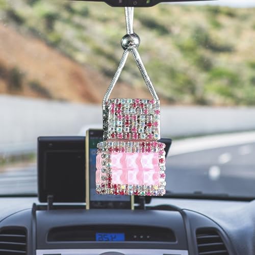 Hanging Car Accessories Charm, Bling Auto Rear View Mirror Pendant, Cars Aromatherapy Fragrance Perfume Pendant Bottle, Car Decorations for Women Men Presents (Pink) - color: Pink