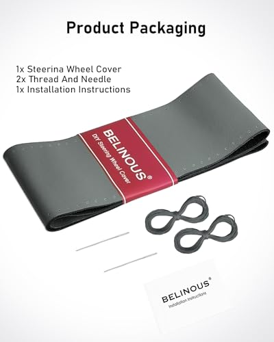 BELINOUS Leather Steering Wheel Cover Lace Up, Stitch on Steering Wheel Wrap, Universal Fit 13-20 Inch Car Truck Pickup Boat, A Whole Piece of Cowhide, DIY w/Needle Thread (Size M0, Gray) - color: Gray, size: M0