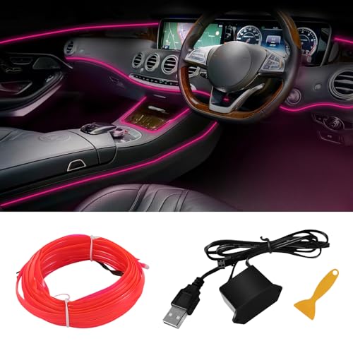 EL Wire Interior Car LED Strip Lights, 16.4FT RGB USB Neon Automotive Light Strip, Electroluminescent Vehicle Ambient Lighting Kit, Interior Decoration Car Accessories (Pink) - color: Pink, size: USB