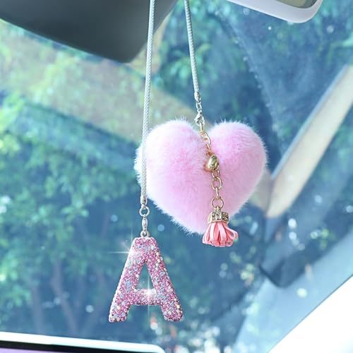Bling Pink Car Accessories for Women Letter Charm, Rainbow Color Rear View Mirror Cute Crystal Pendant Car Decorations, Lucky Gifts Diamond Rhinestone Charm Interior(A, Tassel Heart) - color: Pink a