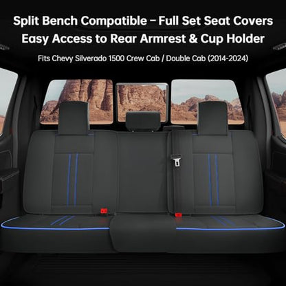W&PMAX Custom-Fit Blue Seat Covers Full Set for Chevy Silverado & GMC Sierra 2007–2026, Fit 1500/2500/3500HD Crew/Double/Extended Cab, Waterproof Leather Truck Seat Protectors