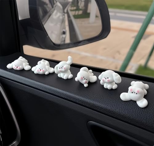 White Puppy Car Interior Accessories Dashboard Decorations, Set of 6, Fairy Garden Landscape Style, Rearview Mirror Ornament for Women - color: White Puppy