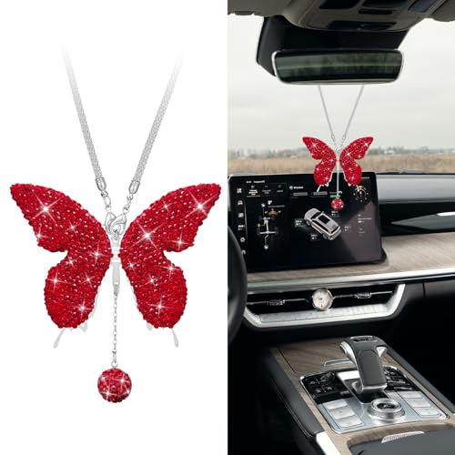 Bling Butterfly Diamond Car Accessories, Car Mirror Hanging Accessories, Crystal Rhinestone Vehicle Rear View Mirror Charms, Lucky Diamond Auto Hanging Ornament Pendant for All Cars (Red) - color: Red