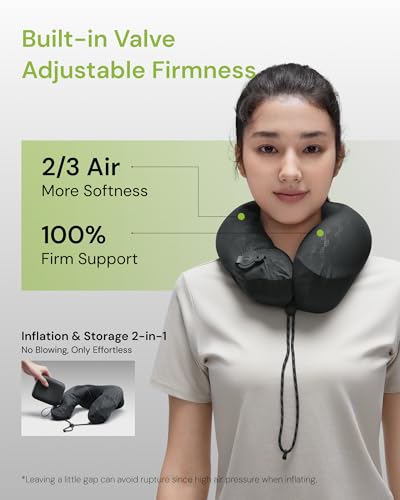 BENEUNDER Travel Neck Pillow for Airplane, Inflatable Compact 360°Head Support Pillow, Comfortable Breathable Cover for Travel, Train,Car with Storage Bag, Black
