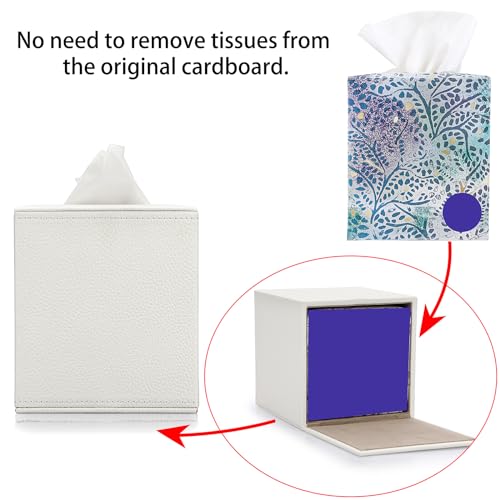 Sumnacon Tissue Box Cover Square Tissue Box Stylish PU Tissue Box Holder with Magnetic Bottom, Cube Leather Tissue Cover for Living Room Bathroom Table Desk Home Office Car,White - color: White