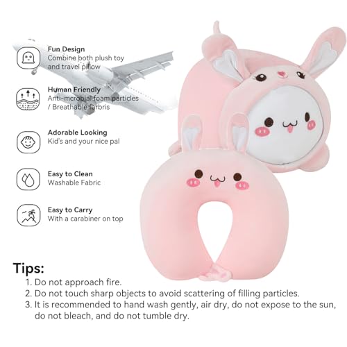 Kids Travel Pillow - 2-in-1 Deformable Kids Neck Pillow for Traveling, Soft U-Shaped Pillow with Adorable Animal Design, Comfy Sleep and Play, Ideal for Airplanes and Traveling (QQ Pink Rabbit) - size: QQ Pink Rabbit