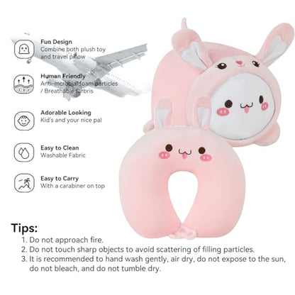 Kids Travel Pillow - 2-in-1 Deformable Kids Neck Pillow for Traveling, Soft U-Shaped Pillow with Adorable Animal Design, Comfy Sleep and Play, Ideal for Airplanes and Traveling (QQ Pink Rabbit) - size: QQ Pink Rabbit