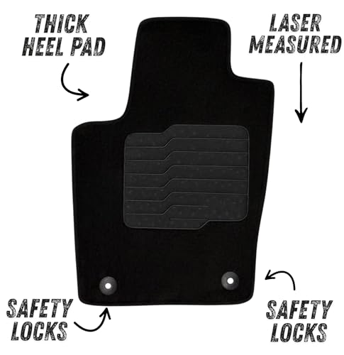 ecoMats Carpet Floor Mats for Fit for 2016 to 2021 Jeep Grand Cherokee / 2016 to 2024 Dogde Durango (2nd Row Bench Seat Only), Driver Non-Slip Heel Pad, Safety Locks, Front and Rear, Black