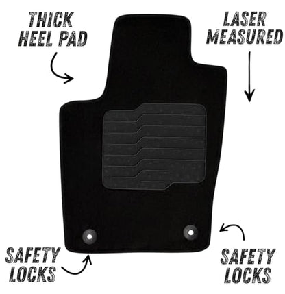 ecoMats Carpet Floor Mats for Fit for 2016 to 2021 Jeep Grand Cherokee / 2016 to 2024 Dogde Durango (2nd Row Bench Seat Only), Driver Non-Slip Heel Pad, Safety Locks, Front and Rear, Black