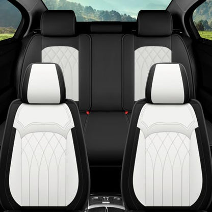 SanQing Luxury Leather Car Seat Covers Full Set 5pcs Waterproof Protector Cushion for Front and Back Seats, Universal Fit for Most Cars, Durable and Easy to Clean - color: Black&White