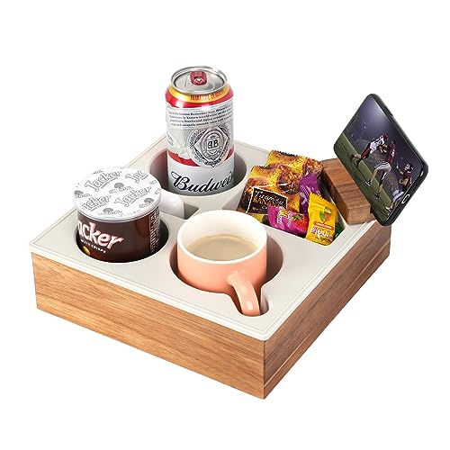Couch Cup Holder Tray, Handy Soft Silicone Acacia Wooden Couch Caddy for Bed Car Seat Beach Organizer, Waterproof Anti-Spill Sofa Cup Holder for Snacks Beverage Remote (White) - color: White, size: 10*10*3 IN