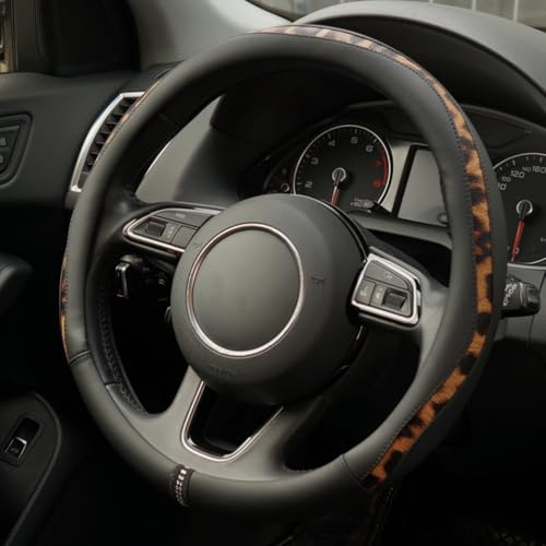 Steering Wheel Cover, Made with Breathable Microfiber Leather and Leopard Fabric, Universal 14.5-15 inchs for Most Automotive Steering Wheel,Cheetah Print, Black - color: Leopard Print