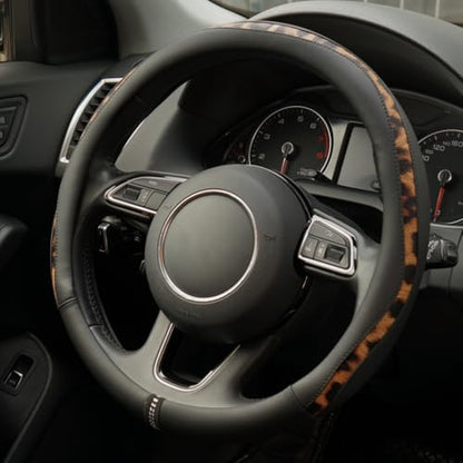 Steering Wheel Cover, Made with Breathable Microfiber Leather and Leopard Fabric, Universal 14.5-15 inchs for Most Automotive Steering Wheel,Cheetah Print, Black - color: Leopard Print