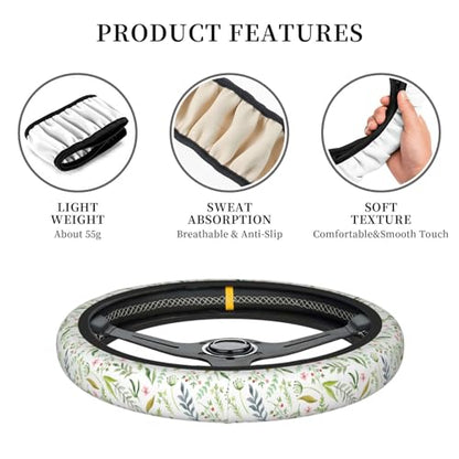 Flowers Leaves Steering Wheel Cover for Women Elastic Rubber Steering Wheel Universal 15 Inch Fit for Cars, Auto, SUVs - color: Flowers Leaves