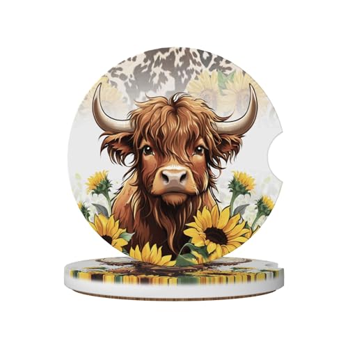 Sunflower Highland Cow Leopard Car Cup Holder Coasters 2 Pack Universal 2.63 Inch Anti Slip Ceramic Absorbent Coaster with Cork Base and Finger Notch Cute Car Accessories Interior for Women - color: Yellow