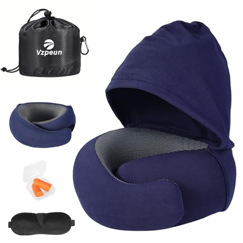 Travel Pillow - Hooded Neck Pillow Airplane Memory Foam Filling for Plane, Office, Cars Sleeping, Road Trip, Long Flights, Airplane Travel Essentials, Includes Eye Mask & Earplugs (Navy) - color: Navy