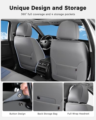 Huidasource Seat Covers Full Set, Universal Fit for Most Cars SUVs Trucks, Full Coverage Leather Seat Cover, Airbag, Cupholder Compatible, Seat Function Retain, Easy Install with Velcro, Gray&Blue - color: FS: Gray&Blue, size: Full Set