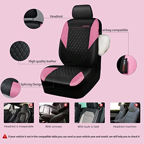 CAR PASS Pink Leather Seat Covers,Girly Quilting Pretty Cute Car Seat Cover with 5mm Composite Sponge Inside,Airbag Compatible, Universal Fit for Most Sedan,SUV,Vans(Full Set,Pink) - color: Black and Pink, size: Full Set (Front and Rear)