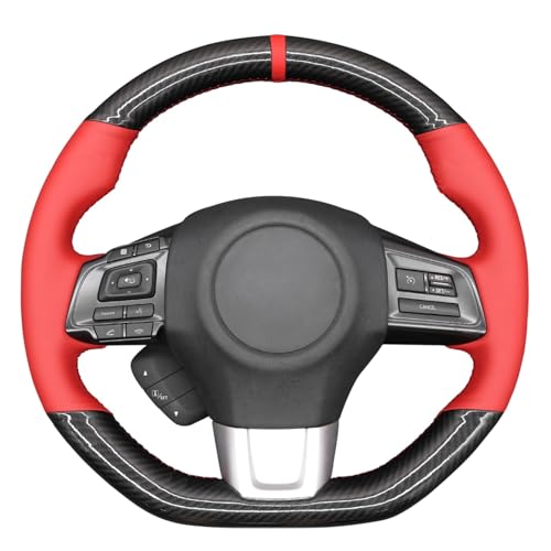 MEWANT Hand-Sewing DIY Black Glossy Carbon Fiber + Red Microfiber Leather Car Steering Wheel Cover for Subaru WRX (STI) 2015-2019 / Levorg 2015-2019/ WRX Steering Wheel Cover Accessories - color: style-18：Black Glossy Carbon Fiber+Red PU Leather