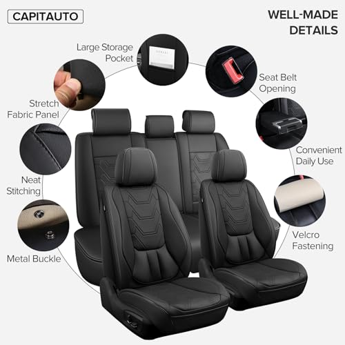 Car Seat Covers Full Set, Black Seat Covers for Car with Lumbar Support, Faux Leather Waterproof Seat Covers 5 Seats, Breathable Automotive Seat Covers Fit for Most Cars SUV Truck